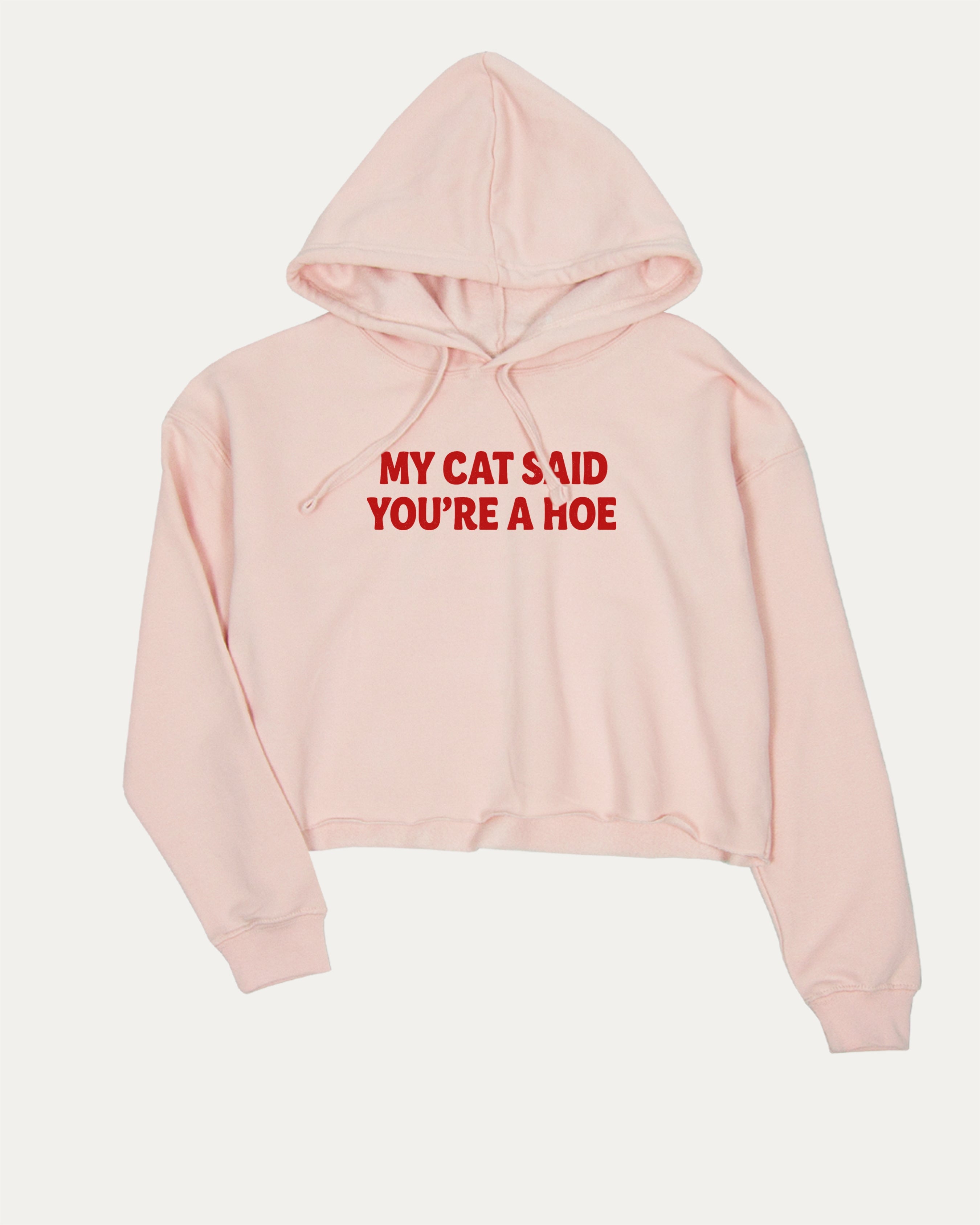 My Cat Said You're A Hoe graphic crop hoodie with bold slogan print, Funny Animal Pun Words Graphic T shirt, Perfect Gift for Cat Lovers, Cat Person Graphic T shirt, stylish and playful design for women. Ideal for gifting and casual looks. Pink crop top..