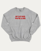 My Cat Said You're A Hoe graphic sweatshirt with bold and humorous print, Funny Animal Pun Words Graphic T shirt, Perfect Gift for Cat Lovers, Cat Person Graphic T shirt, warm and cozy graphic for everyday wear. Perfect for adults and gift-giving. Heather Grey pullover.