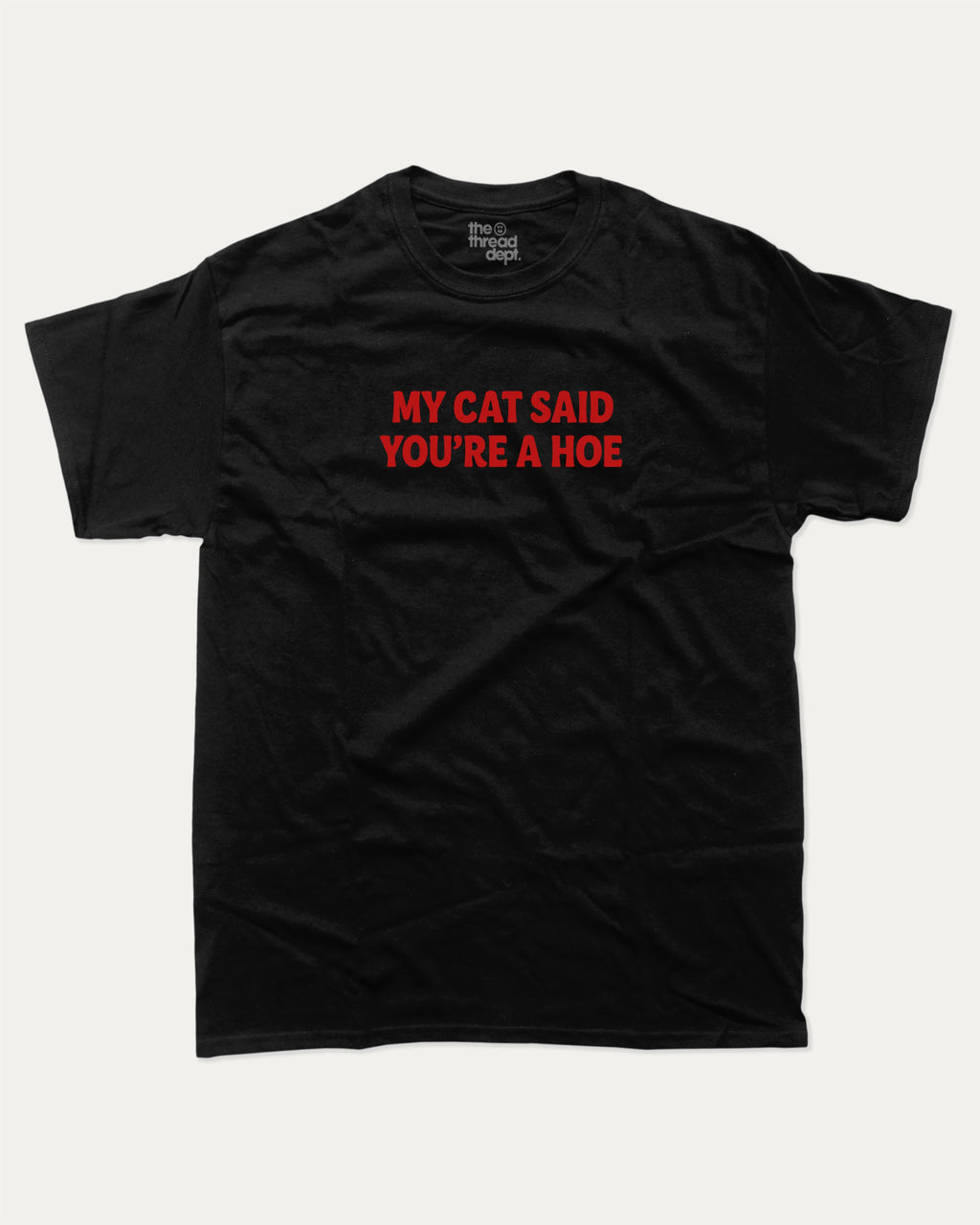 My Cat Said You're A Hoe graphic tee with bold and humorous print, Funny Animal Pun Words Graphic T shirt, Perfect Gift for Cat Lovers, Cat Person Graphic T shirt, funny and trendy graphic. Perfect for adults and gift-giving. Black shirt.