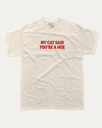 My Cat Said You're A Hoe graphic tee with bold and humorous print, Funny Animal Pun Words Graphic T shirt, Perfect Gift for Cat Lovers, Cat Person Graphic T shirt, funny and trendy graphic. Perfect for adults and gift-giving. Cream shirt.