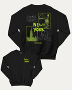 New York City graphic sweatshirt with street mood new york state graphic, warm and cozy graphic for everyday wear. Perfect for adults and gift-giving. Black pullover.