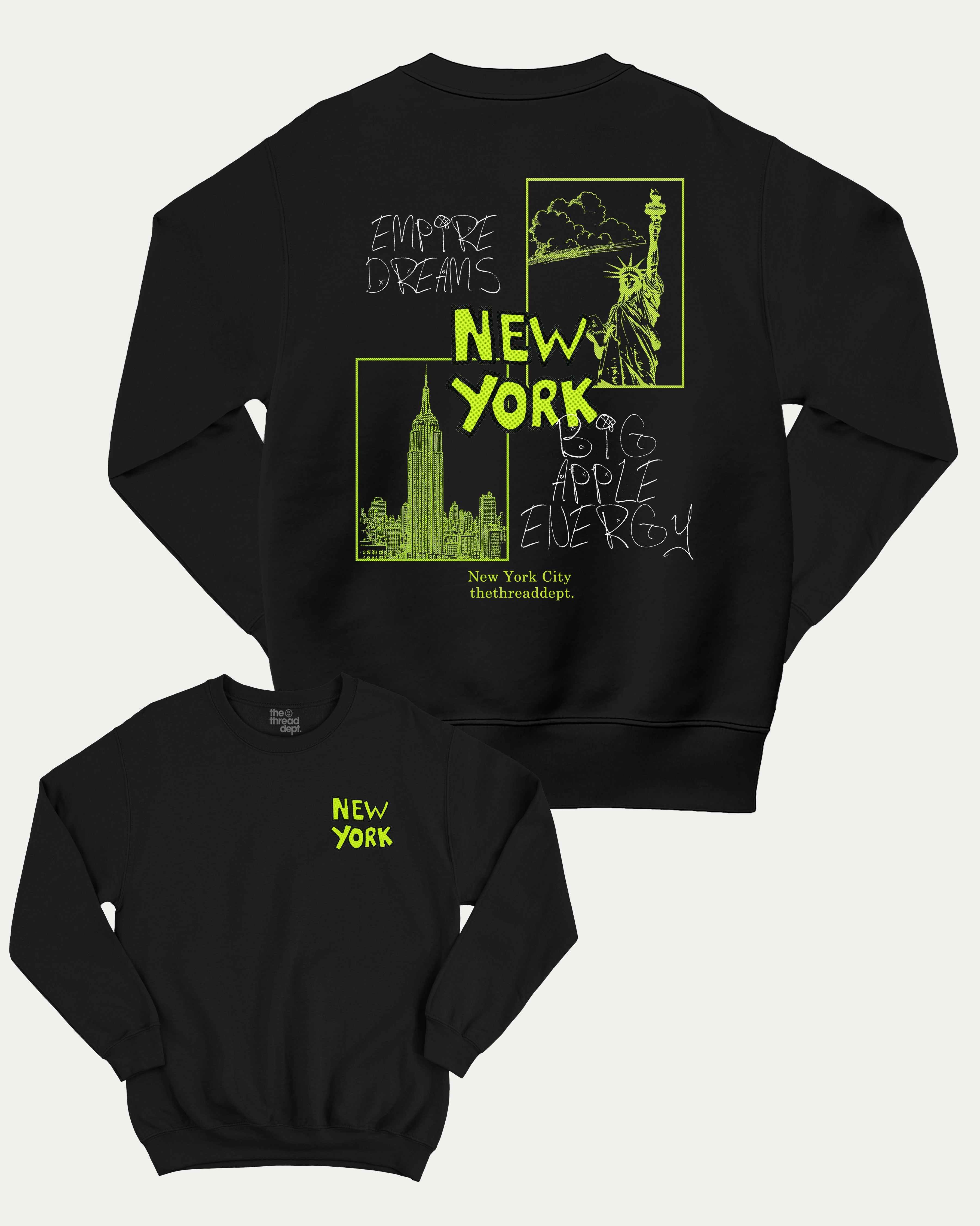 New York City graphic sweatshirt with street mood new york state graphic, warm and cozy graphic for everyday wear. Perfect for adults and gift-giving. Black pullover.
