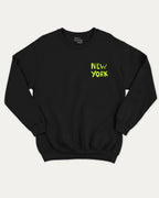 New York City graphic sweatshirt with street mood new york state graphic, warm and cozy graphic for everyday wear. Perfect for adults and gift-giving. Black pullover.