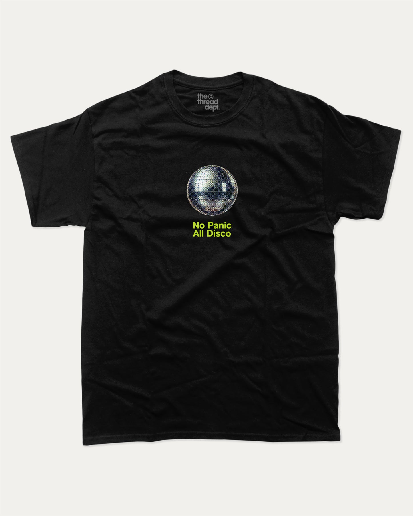 No Panic All Disco graphic t-shirt, perfect for adults. Vintage Retro Vibe Graphic Tee, Vintage T shirt, Trendy Retro mood Graphic T shirt, unique gift idea. Black.
