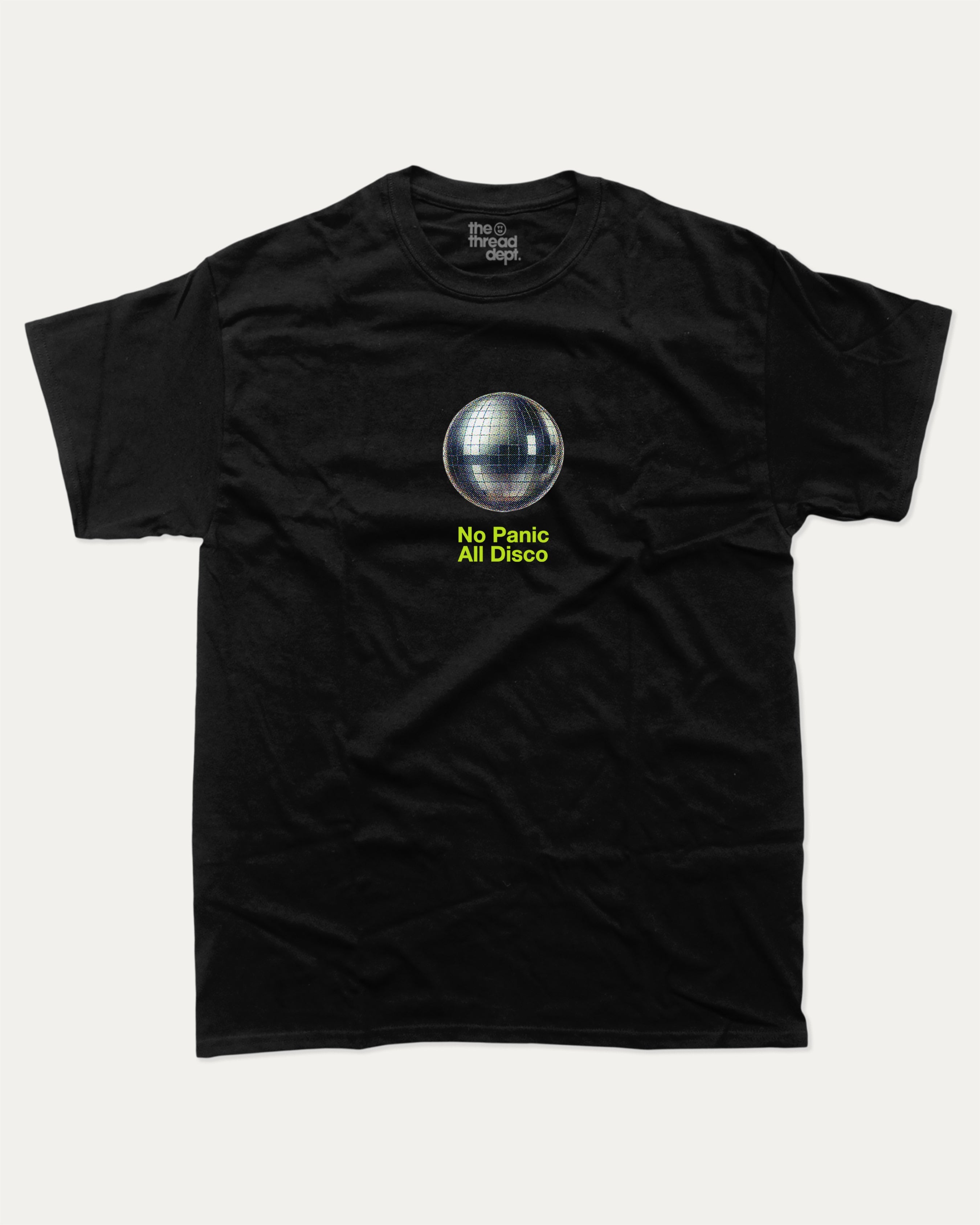 No Panic All Disco graphic t-shirt, perfect for adults. Vintage Retro Vibe Graphic Tee, Vintage T shirt, Trendy Retro mood Graphic T shirt, unique gift idea. Black.
