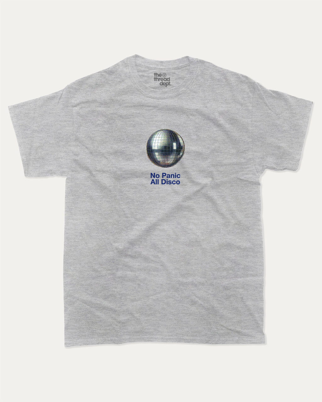 No Panic All Disco graphic t-shirt, perfect for adults. Vintage Retro Vibe Graphic Tee, Vintage T shirt, Trendy Retro mood Graphic T shirt, unique gift idea. Heather Grey.