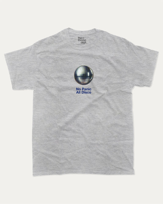 No Panic All Disco graphic t-shirt, perfect for adults. Vintage Retro Vibe Graphic Tee, Vintage T shirt, Trendy Retro mood Graphic T shirt, unique gift idea. Heather Grey.