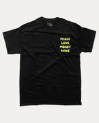 Peace Love Money Wine graphic tee with bold and humorous print, funny and trendy graphic. Retro Inspired Graphic T shirt, Vintage Inspired Graphic T shirt,  Perfect for adults and gift-giving. Black shirt.