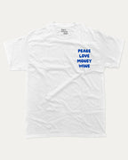 Peace Love Money Wine graphic tee with bold and humorous print, funny and trendy graphic. Retro Inspired Graphic T shirt, Vintage Inspired Graphic T shirt,  Perfect for adults and gift-giving. White shirt.
