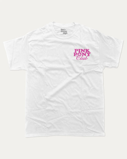 Pink Pony Club graphic t-shirt, Vintage Inspired Graphic T shirt, Retro Inspired Graphic T shirt, Women's Graphic T shirt,. A must-have funny tee, trending meme shirt, unique gift idea. White.
