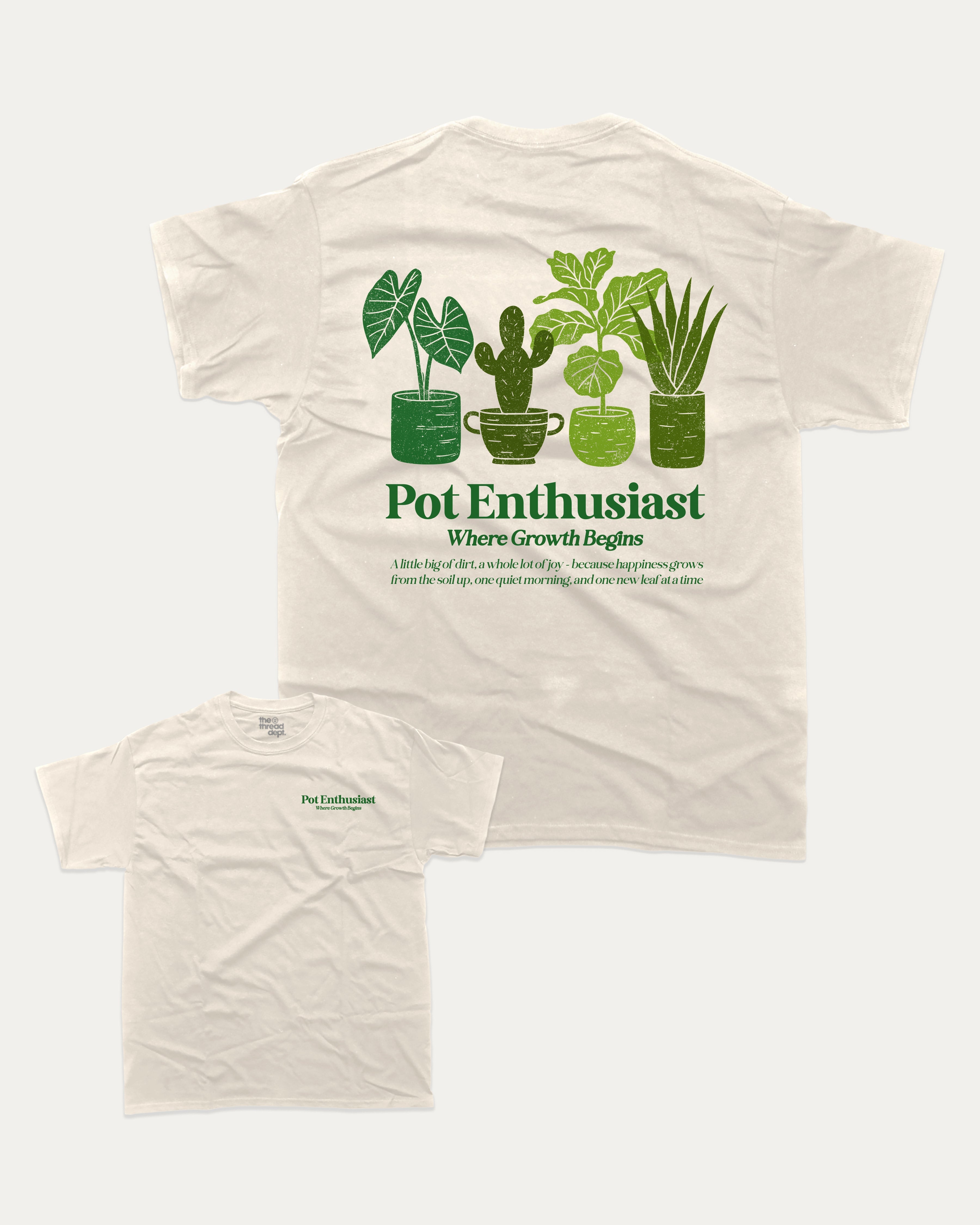 Pot Enthusiast graphic tee with bold and humorous print, funny and trendy graphic. Perfect T shirt for Plant Lovers, Plant Graphic T shirt, Retro Plants Graphic T shirt, Vintage Inspired Graphic T shirt, Vintage Plants Tee,  Perfect for adults and gift-giving. Cream shirt.