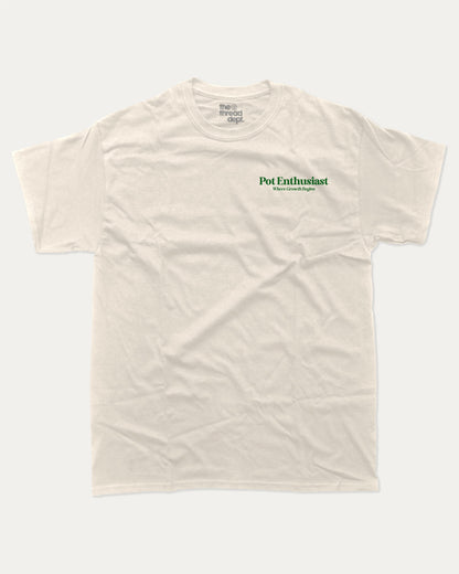 Pot Enthusiast graphic tee with bold and humorous print, funny and trendy graphic. Perfect T shirt for Plant Lovers, Plant Graphic T shirt, Retro Plants Graphic T shirt, Vintage Inspired Graphic T shirt, Vintage Plants Tee,  Perfect for adults and gift-giving. Cream shirt.