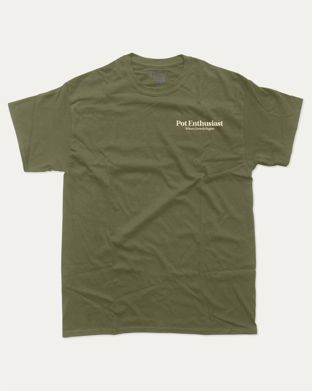 Pot Enthusiast graphic tee with bold and humorous print, funny and trendy graphic. Perfect T shirt for Plant Lovers, Plant Graphic T shirt, Retro Plants Graphic T shirt, Vintage Inspired Graphic T shirt, Vintage Plants Tee,  Perfect for adults and gift-giving. Military Green shirt.