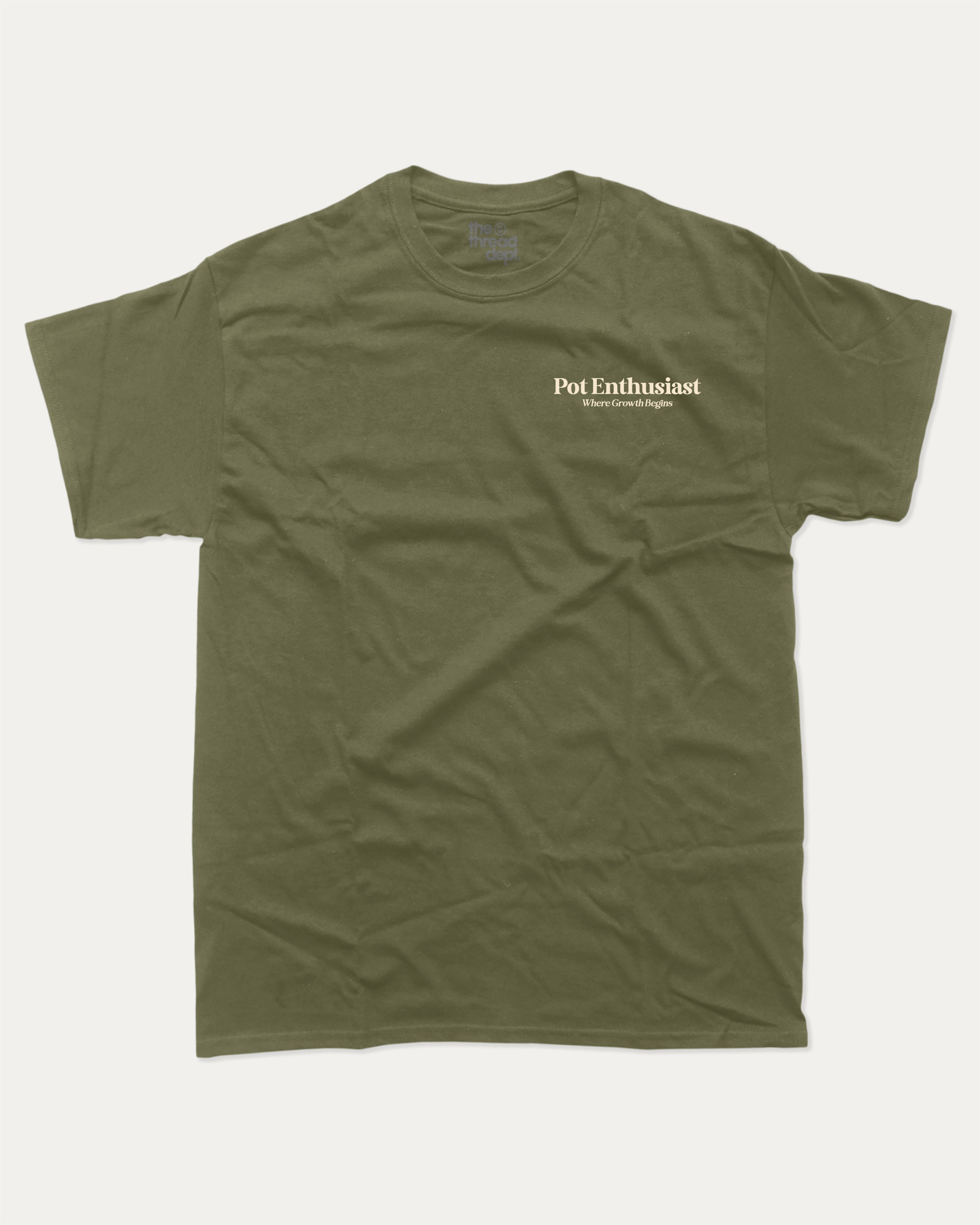 Pot Enthusiast graphic tee with bold and humorous print, funny and trendy graphic. Perfect T shirt for Plant Lovers, Plant Graphic T shirt, Retro Plants Graphic T shirt, Vintage Inspired Graphic T shirt, Vintage Plants Tee,  Perfect for adults and gift-giving. Military Green shirt.