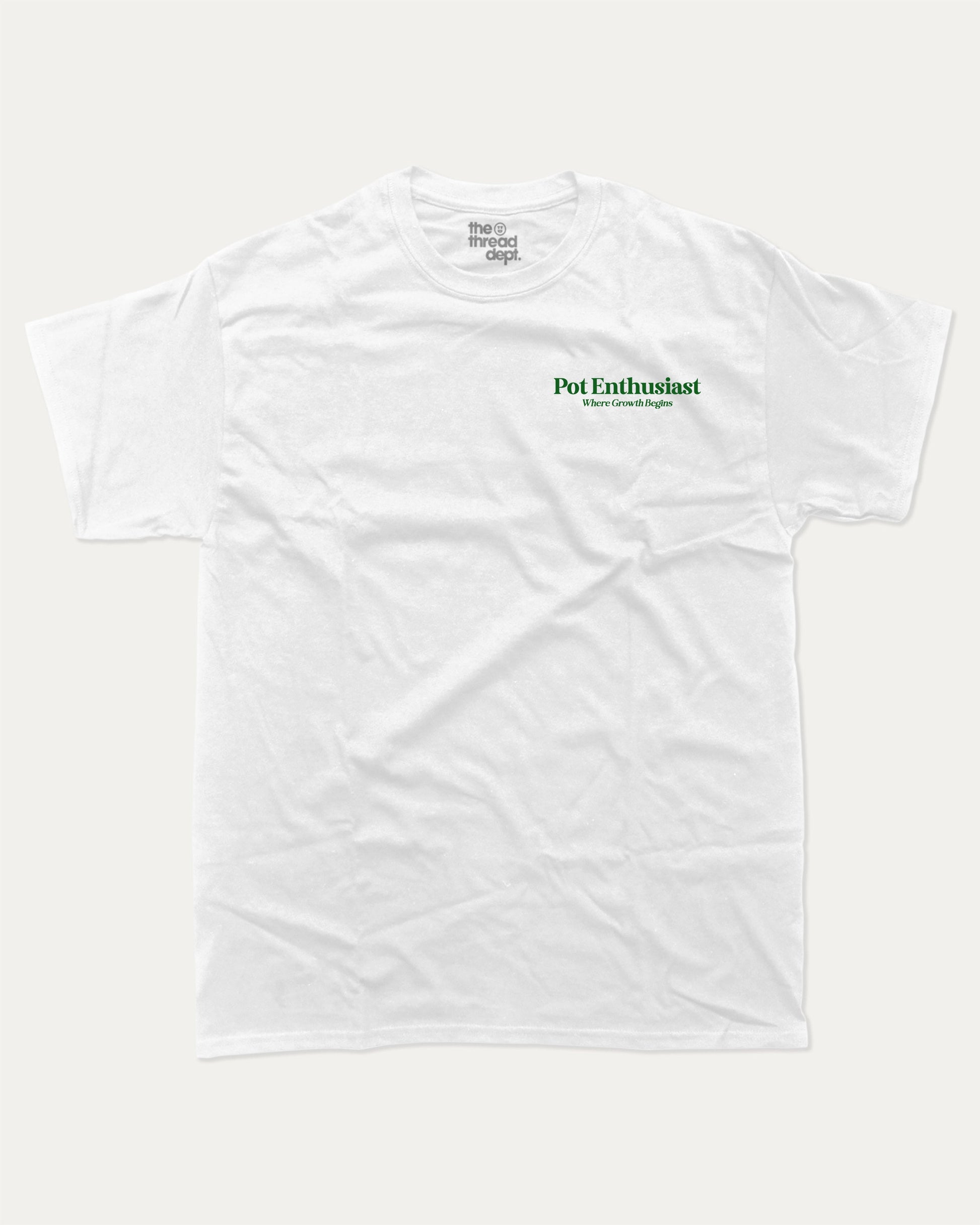 Pot Enthusiast graphic tee with bold and humorous print, funny and trendy graphic. Perfect T shirt for Plant Lovers, Plant Graphic T shirt, Retro Plants Graphic T shirt, Vintage Inspired Graphic T shirt, Vintage Plants Tee,  Perfect for adults and gift-giving. White shirt.