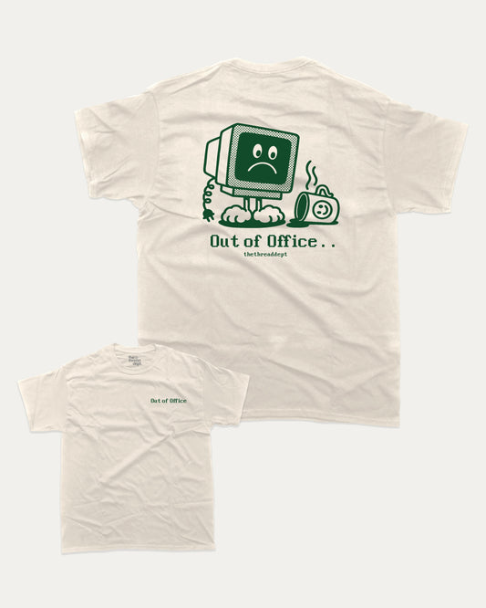 Retro Out of Office graphic t-shirt, perfect for adults. Retro Inspired Graphic T shirt, Vintage Inspired Graphic T shirt,  trending meme shirt, unique gift idea. Cream.