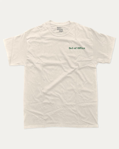 Retro Out of Office graphic t-shirt, perfect for adults. Retro Inspired Graphic T shirt, Vintage Inspired Graphic T shirt,  trending meme shirt, unique gift idea. Cream.