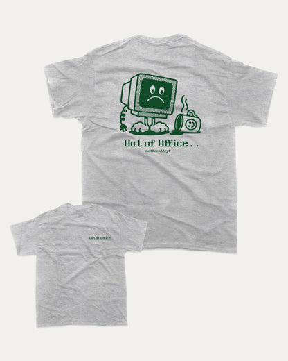 Retro Out of Office graphic t-shirt, perfect for adults. Retro Inspired Graphic T shirt, Vintage Inspired Graphic T shirt,  trending meme shirt, unique gift idea. Heather Grey.