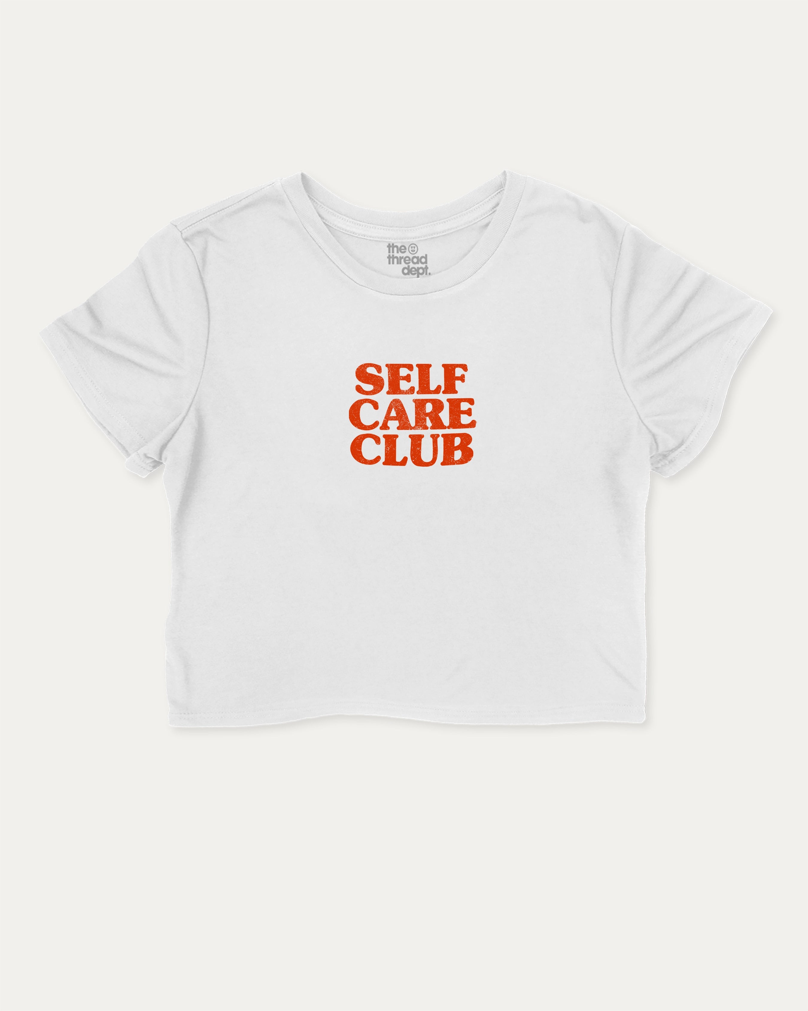 Self Care club graphic crop tee with funny and trendy slogan print, Retro Inspired Graphic T shirt, Vintage Inspired Graphic T shirt, perfect for women’s casual looks or layering. White crop t-shirt.