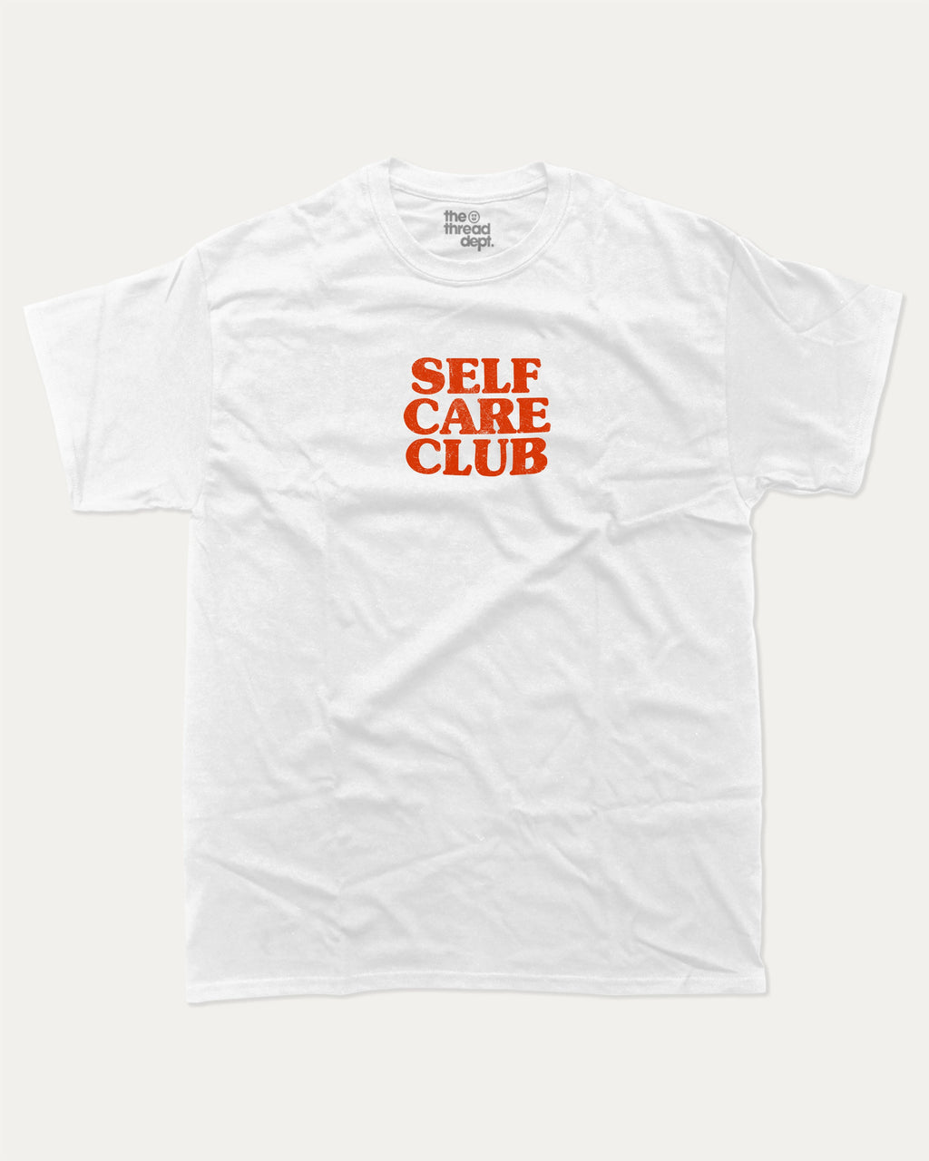 Self Care club graphic tee with bold and humorous print, Retro Inspired Graphic T shirt, Vintage Inspired Graphic T shirt, funny and trendy graphic. Perfect for adults and gift-giving. White shirt.