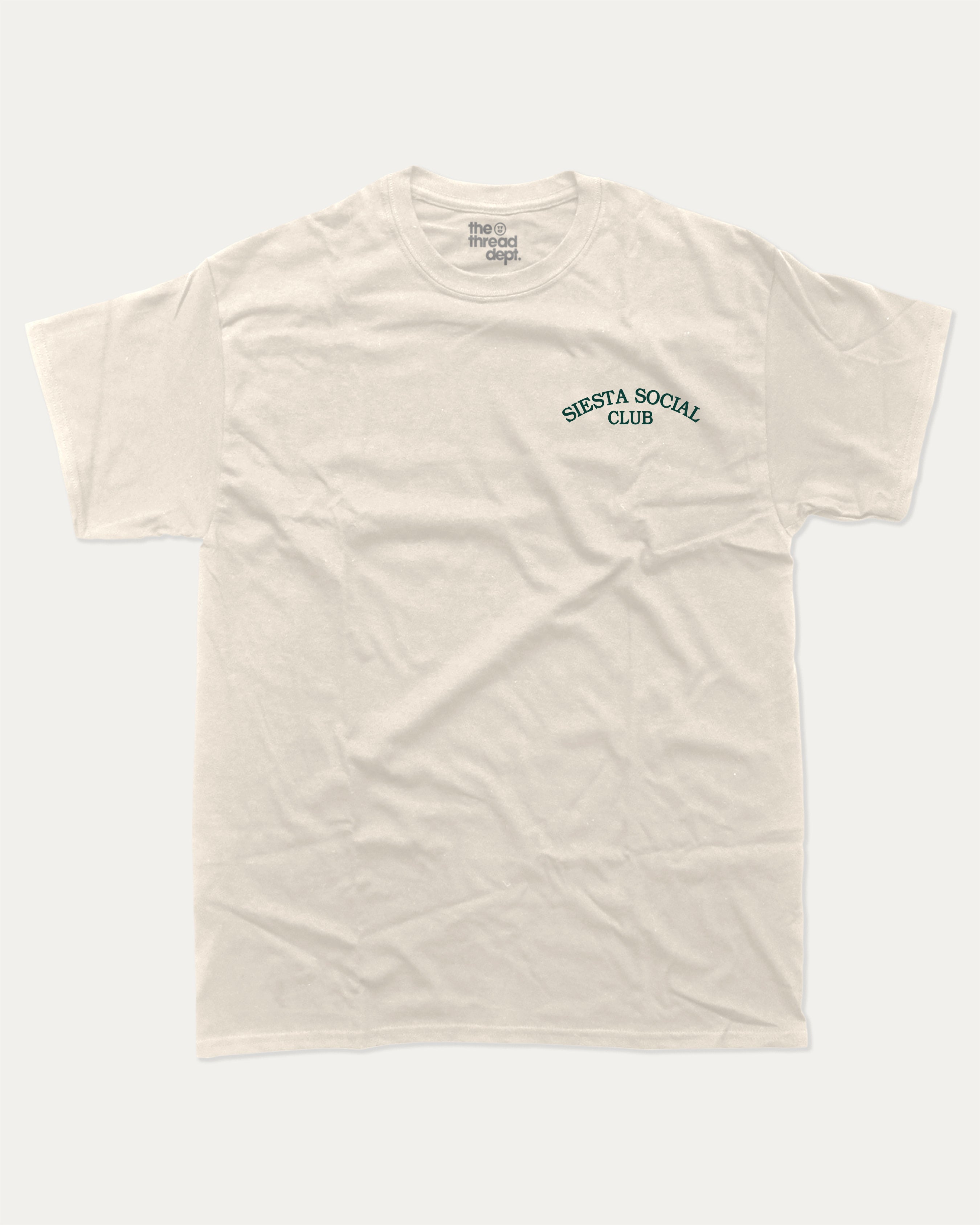 Siesta Social Club graphic t-shirt, perfect for adults. Retro Inspired Graphic T shirt, Vintage Inspired Graphic T shirt,  trending meme shirt, unique gift idea. Cream.