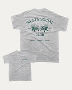 Siesta Social Club graphic t-shirt, perfect for adults. Retro Inspired Graphic T shirt, Vintage Inspired Graphic T shirt,  trending meme shirt, unique gift idea. Heather Grey.