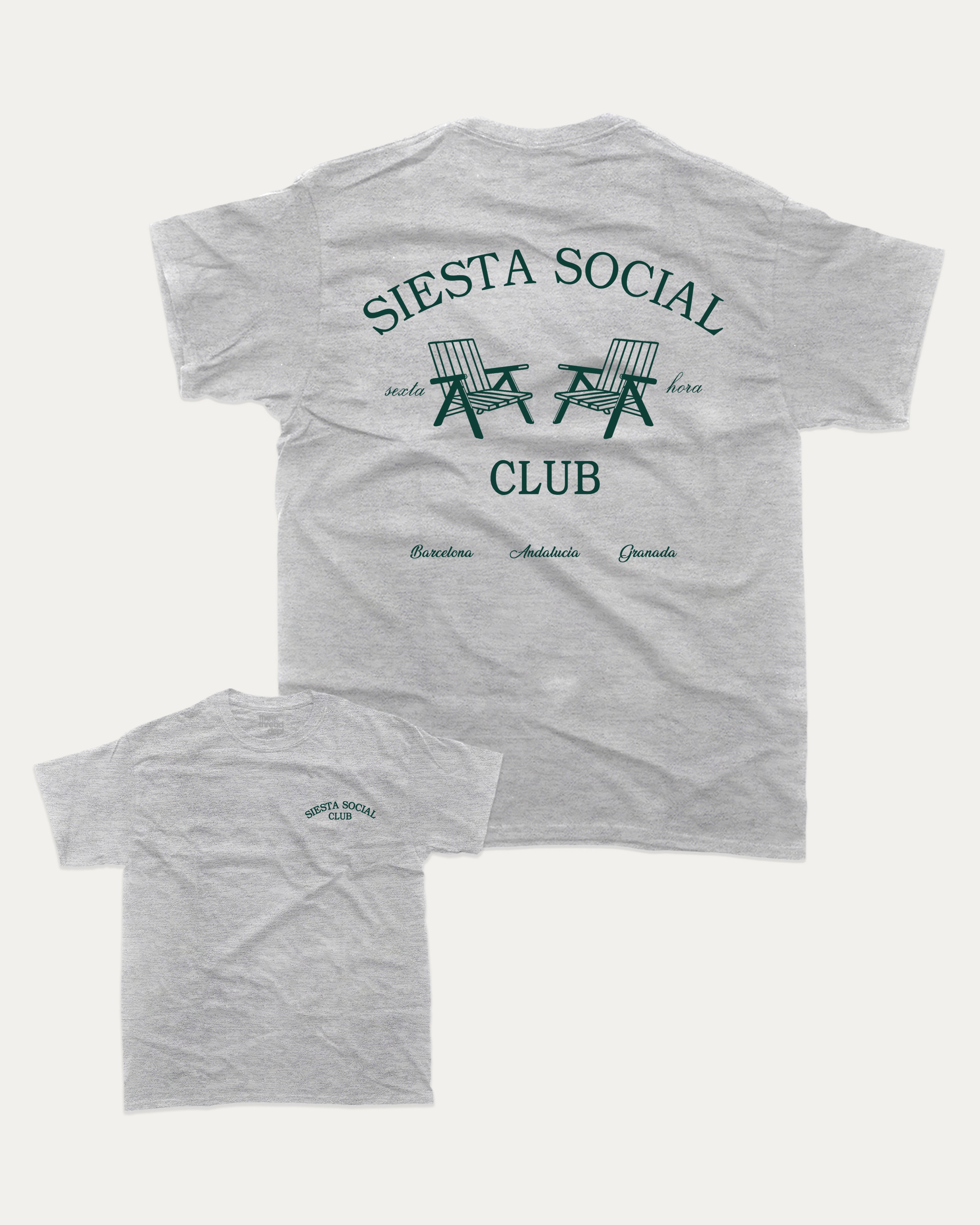 Siesta Social Club graphic t-shirt, perfect for adults. Retro Inspired Graphic T shirt, Vintage Inspired Graphic T shirt,  trending meme shirt, unique gift idea. Heather Grey.