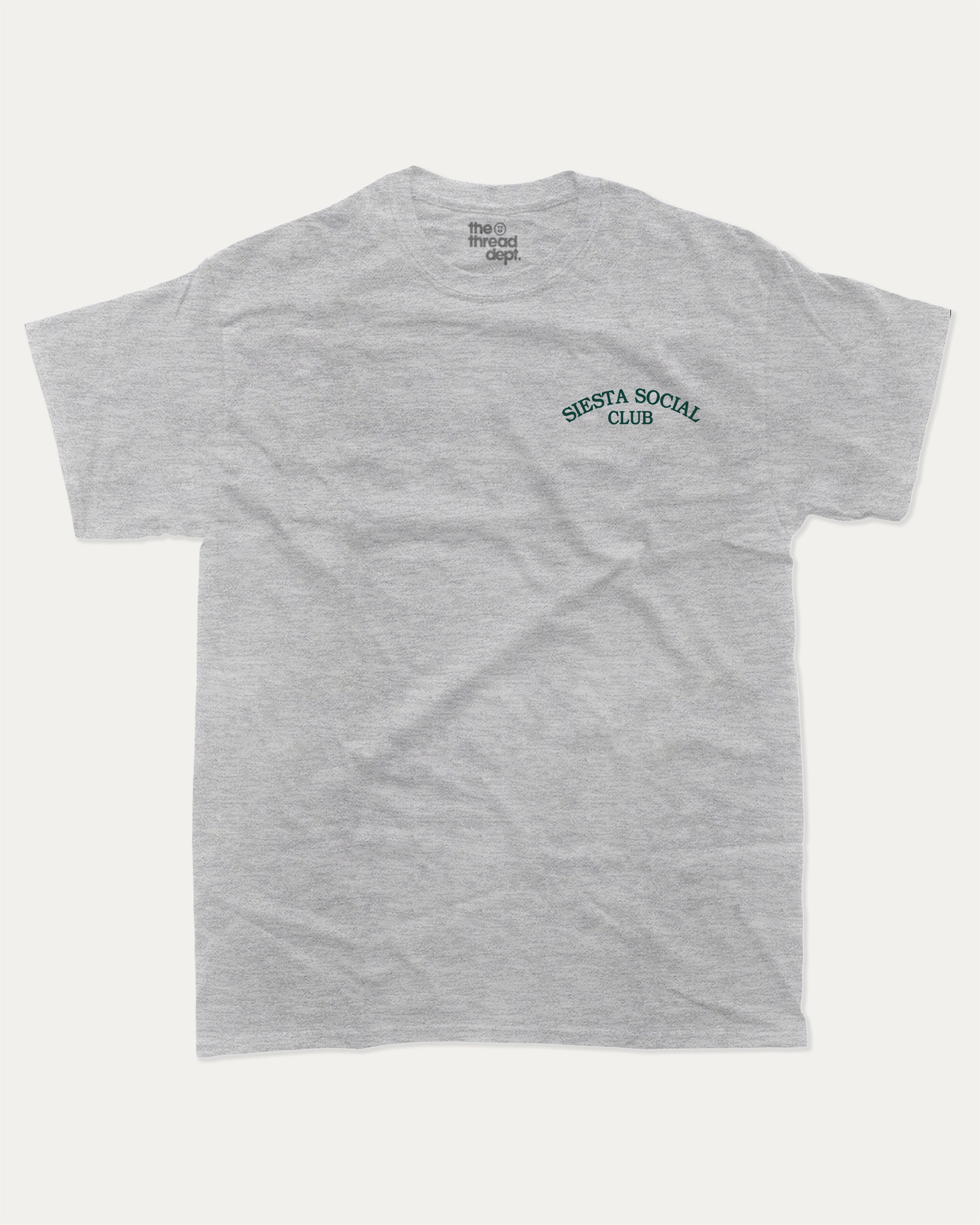 Siesta Social Club graphic t-shirt, perfect for adults. Retro Inspired Graphic T shirt, Vintage Inspired Graphic T shirt,  trending meme shirt, unique gift idea. Heather Grey.