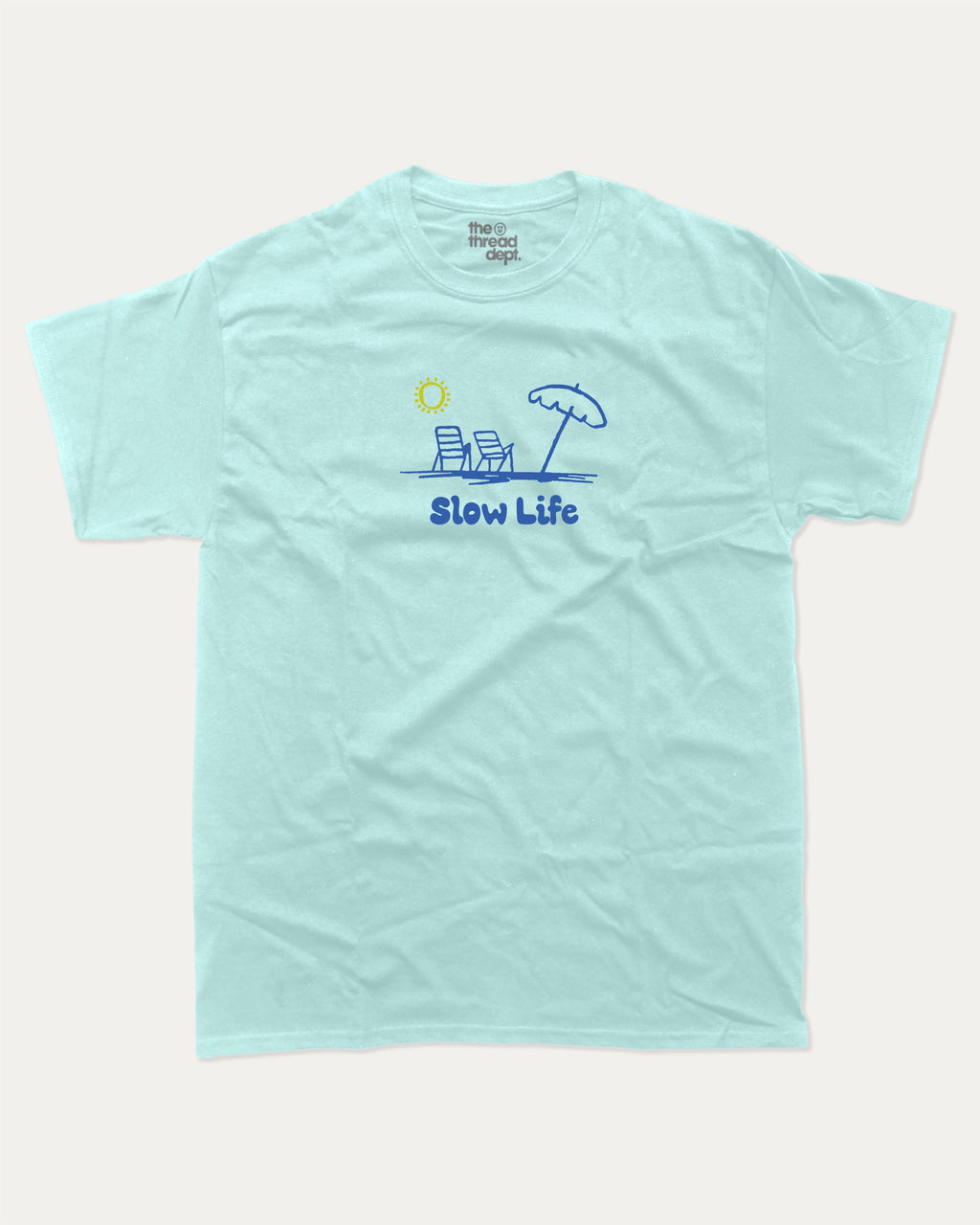 Slow Life graphic tee with bold and humorous print, funny and trendy graphic. Retro Inspired Graphic T shirt, Vintage Inspired Graphic T shirt, Vacation Graphic T shirt, Perfoect Gift for travelers, Perfect for adults and gift-giving. Celadon shirt.