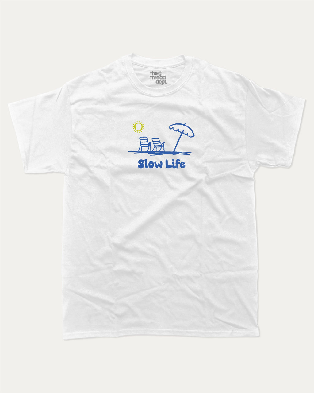 Slow Life graphic tee with bold and humorous print, funny and trendy graphic. Retro Inspired Graphic T shirt, Vintage Inspired Graphic T shirt, Vacation Graphic T shirt, Perfoect Gift for travelers, Perfect for adults and gift-giving. White shirt.
