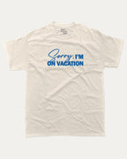 Sorry I'm on my vacation graphic tee with bold and humorous print, Retro Inspired Graphic T shirt, Vintage Inspired Graphic T shirt, Y2k Retro Graphic  T shirt. funny and trendy graphic. Perfect for adults and gift-giving. Cream shirt.