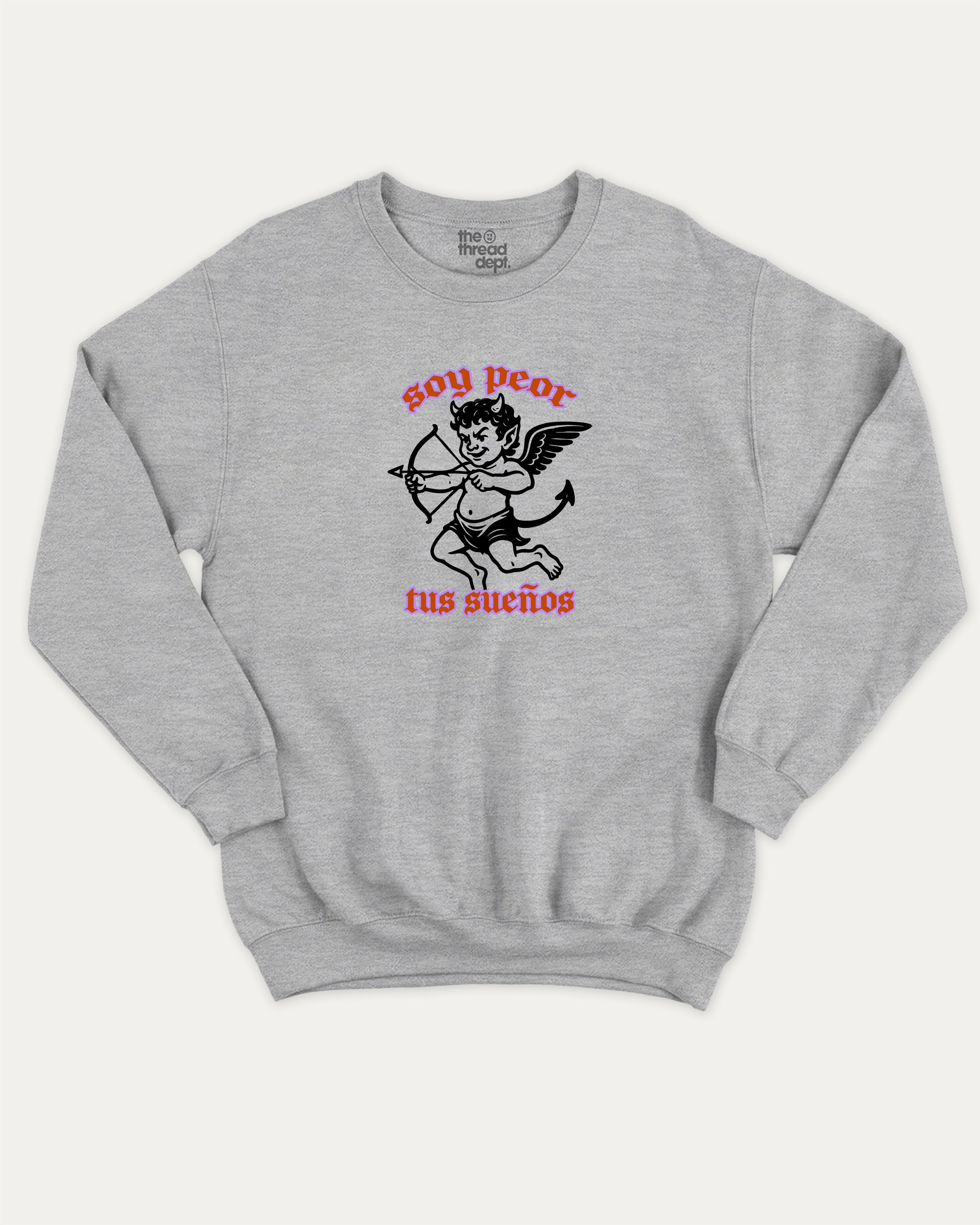 soy peor tus suenos graphic sweatshirt with bold and humorous print, Retro Inspired Graphic T shirt, Vintage Inspired Graphic T shirt, Y2k Retro Graphic  T shirt. warm and cozy graphic for everyday wear. Perfect for adults and gift-giving. Heather Grey pullover.