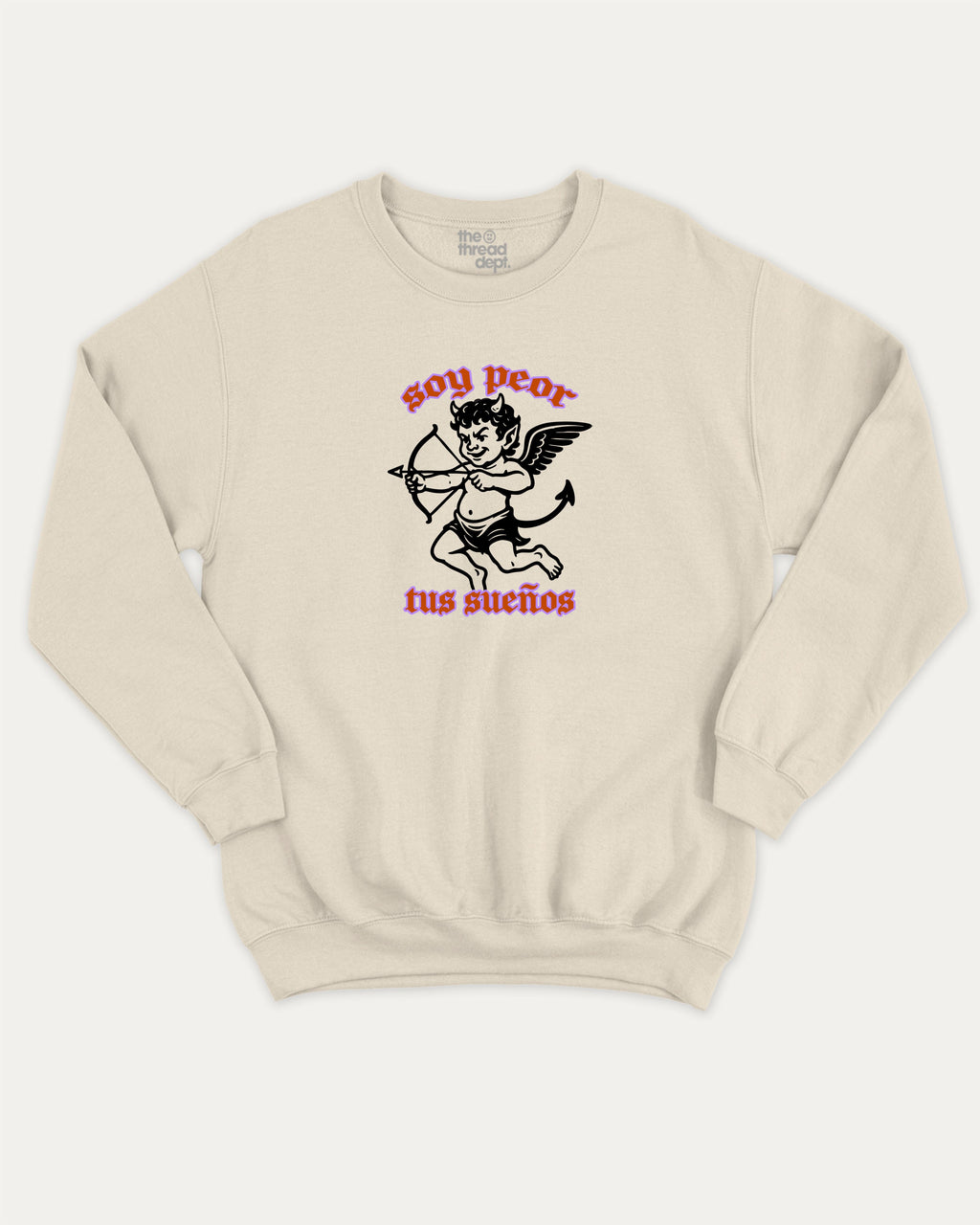 soy peor tus suenos graphic sweatshirt with bold and humorous print, Retro Inspired Graphic T shirt, Vintage Inspired Graphic T shirt, Y2k Retro Graphic  T shirt. warm and cozy graphic for everyday wear. Perfect for adults and gift-giving. Natural pullover.