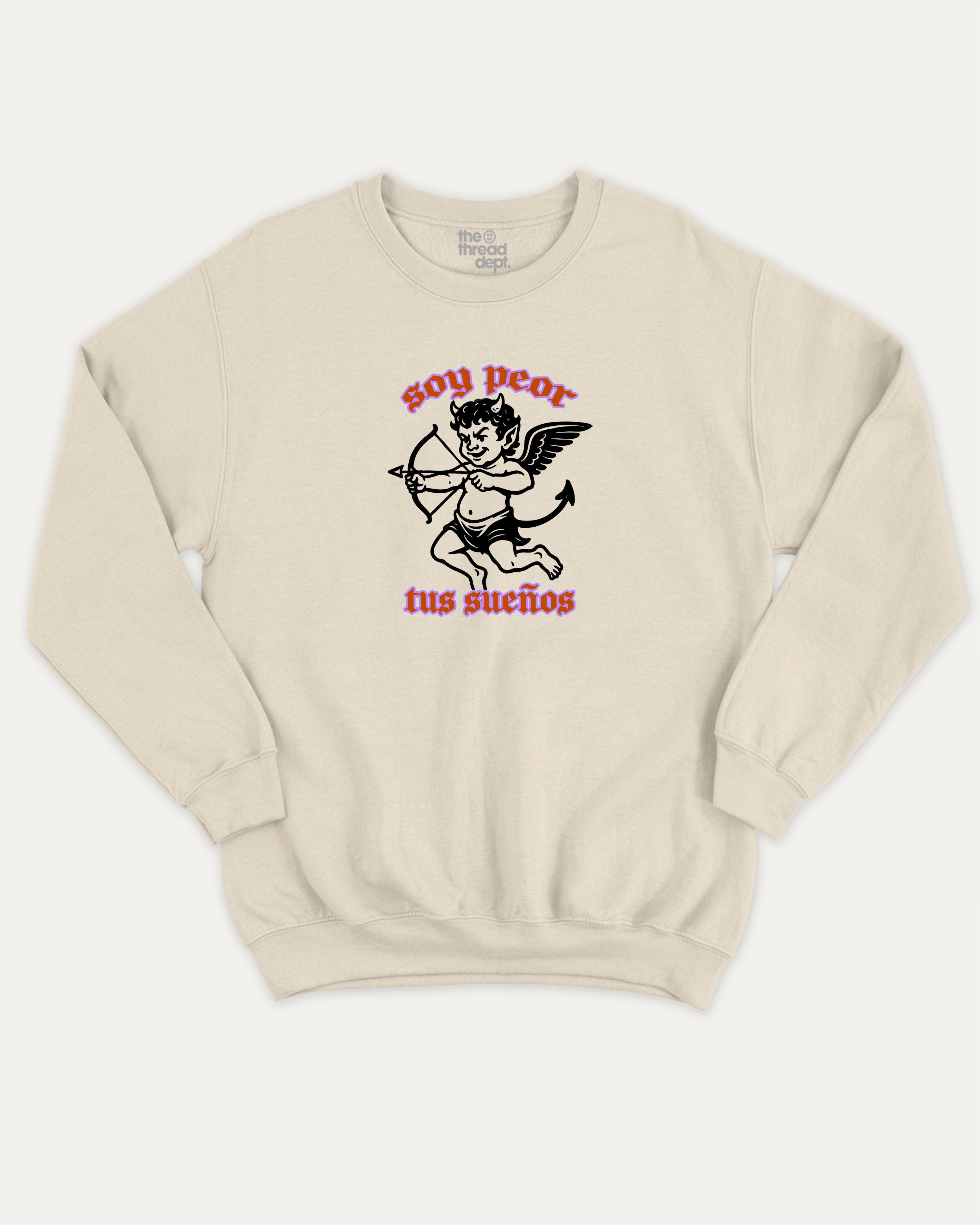 soy peor tus suenos graphic sweatshirt with bold and humorous print, Retro Inspired Graphic T shirt, Vintage Inspired Graphic T shirt, Y2k Retro Graphic  T shirt. warm and cozy graphic for everyday wear. Perfect for adults and gift-giving. Natural pullover.