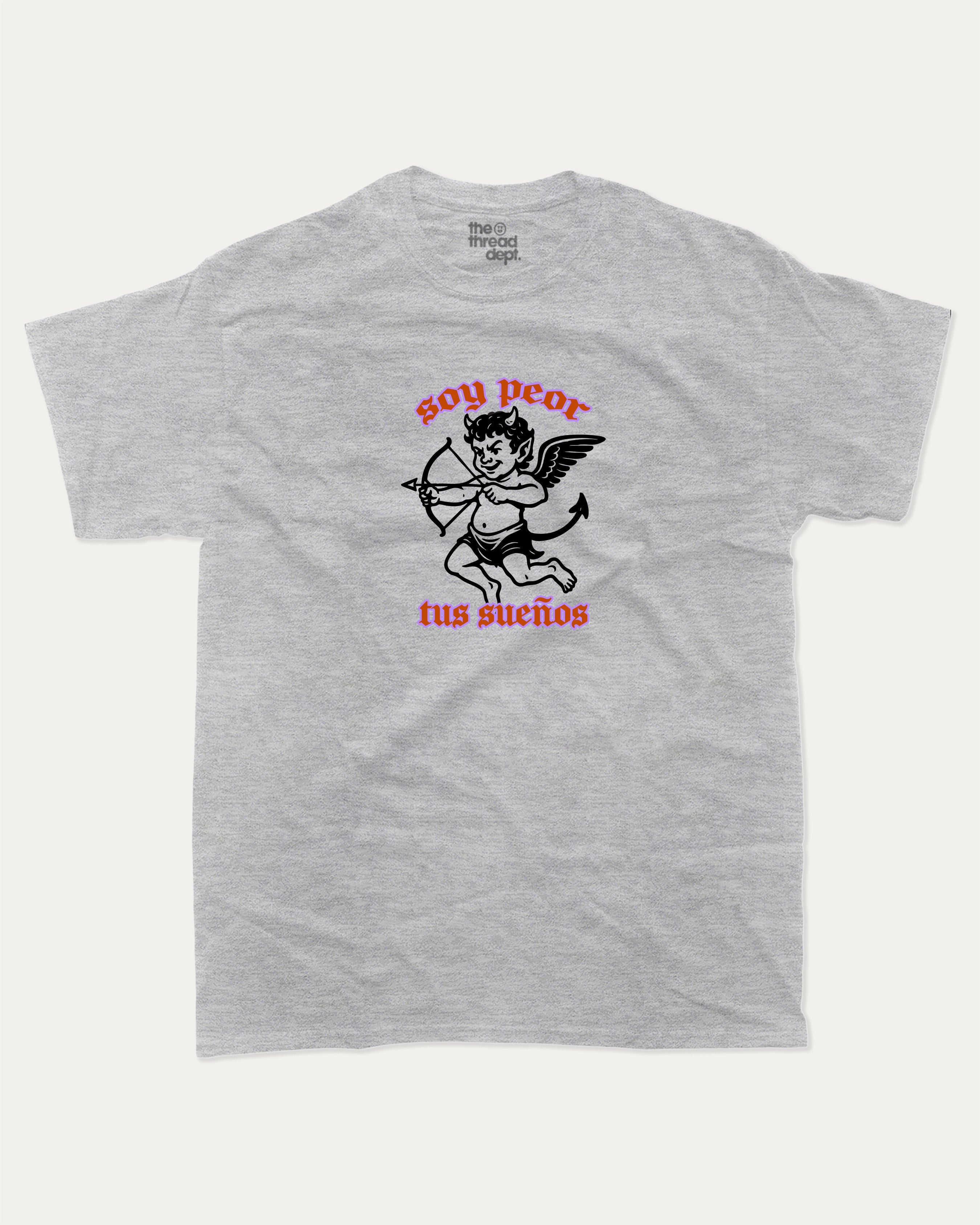 soy peor tus suenos graphic tee with bold and humorous print, Retro Inspired Graphic T shirt, Vintage Inspired Graphic T shirt, Y2k Retro Graphic  T shirt. funny and trendy graphic. Perfect for adults and gift-giving. Heather Grey shirt.