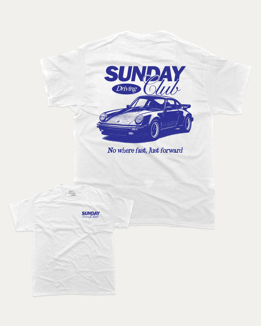 Sunday Driving Club graphic t-shirt, Vintage Retro Graphic Tees, Vintage inspired T shirts,. A must-have funny tee, trending meme shirt, unique gift idea. White.
