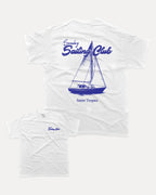 Sunday Sailing Club graphic tee with bold and humorous print, Retro Inspired Graphic T shirt, Vintage Inspired Graphic T shirt, Sailing Graphic Tee, Yacht Graphic Tee, funny and trendy graphic. Perfect for adults and gift-giving. White shirt.