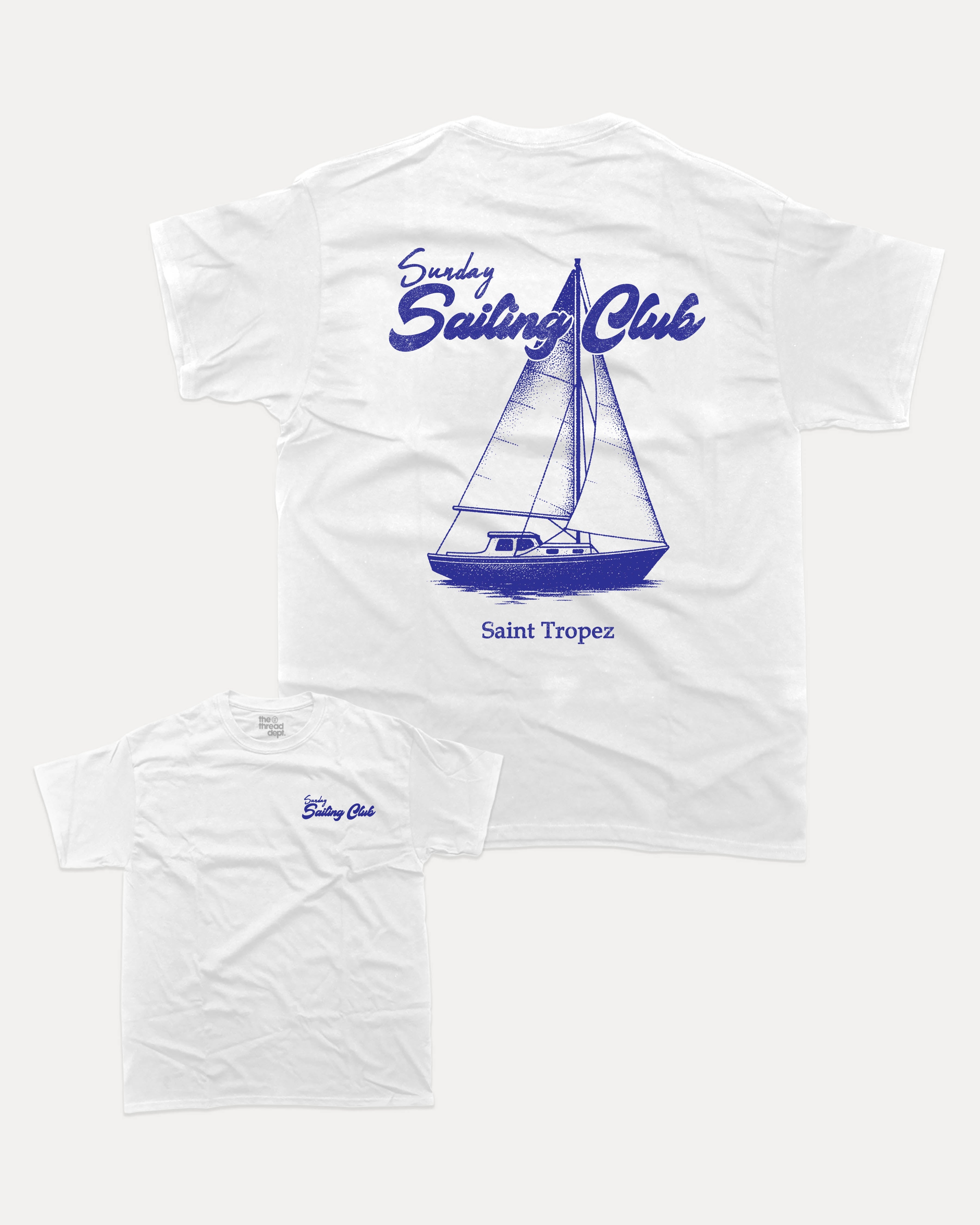 Sunday Sailing Club graphic tee with bold and humorous print, Retro Inspired Graphic T shirt, Vintage Inspired Graphic T shirt, Sailing Graphic Tee, Yacht Graphic Tee, funny and trendy graphic. Perfect for adults and gift-giving. White shirt.