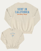 Surf in California graphic sweatshirt with bold and humorous print, Retro Inspired Graphic T shirt, Vintage Inspired Graphic T shirt, Perfect Gift for Surfers, State Graphic T shirt, California Graphic T shirt, warm and cozy graphic for everyday wear. Perfect for adults and gift-giving. Natural pullover.