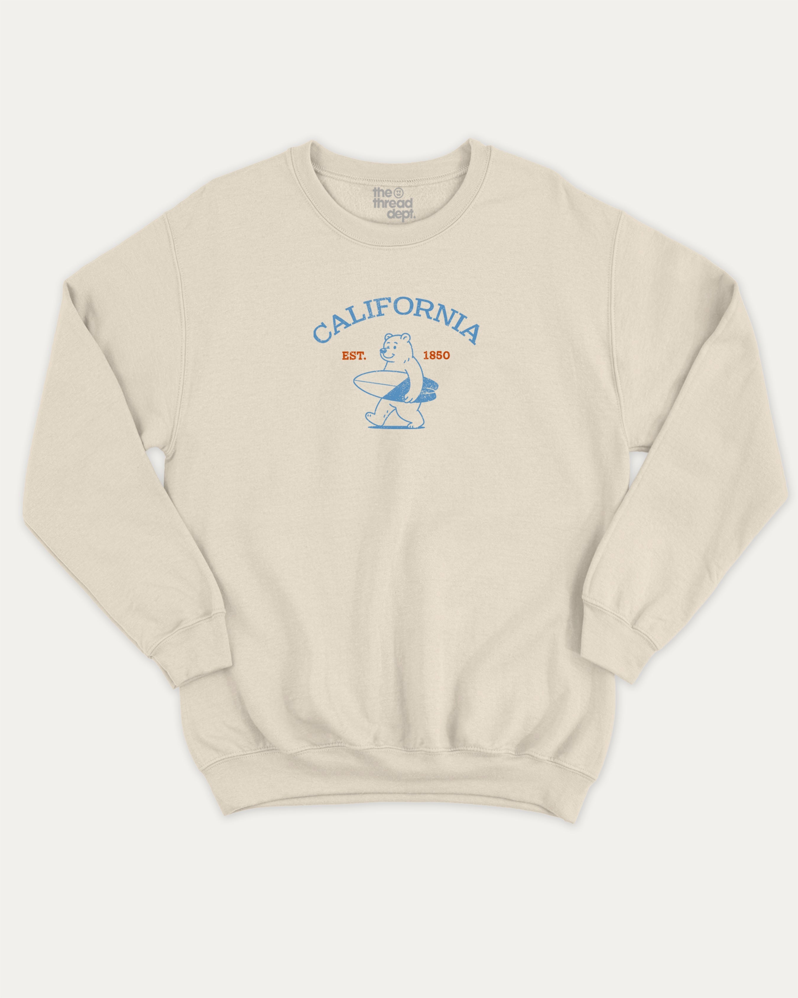 Surf in California graphic sweatshirt with bold and humorous print, Retro Inspired Graphic T shirt, Vintage Inspired Graphic T shirt, Perfect Gift for Surfers, State Graphic T shirt, California Graphic T shirt, warm and cozy graphic for everyday wear. Perfect for adults and gift-giving. Natural pullover.