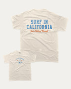 Surf in California graphic tee with bold and humorous print, Retro Inspired Graphic T shirt, Vintage Inspired Graphic T shirt, Perfect Gift for Surfers, State Graphic T shirt, California Graphic T shirt, funny and trendy graphic. Perfect for adults and gift-giving. Cream shirt.
