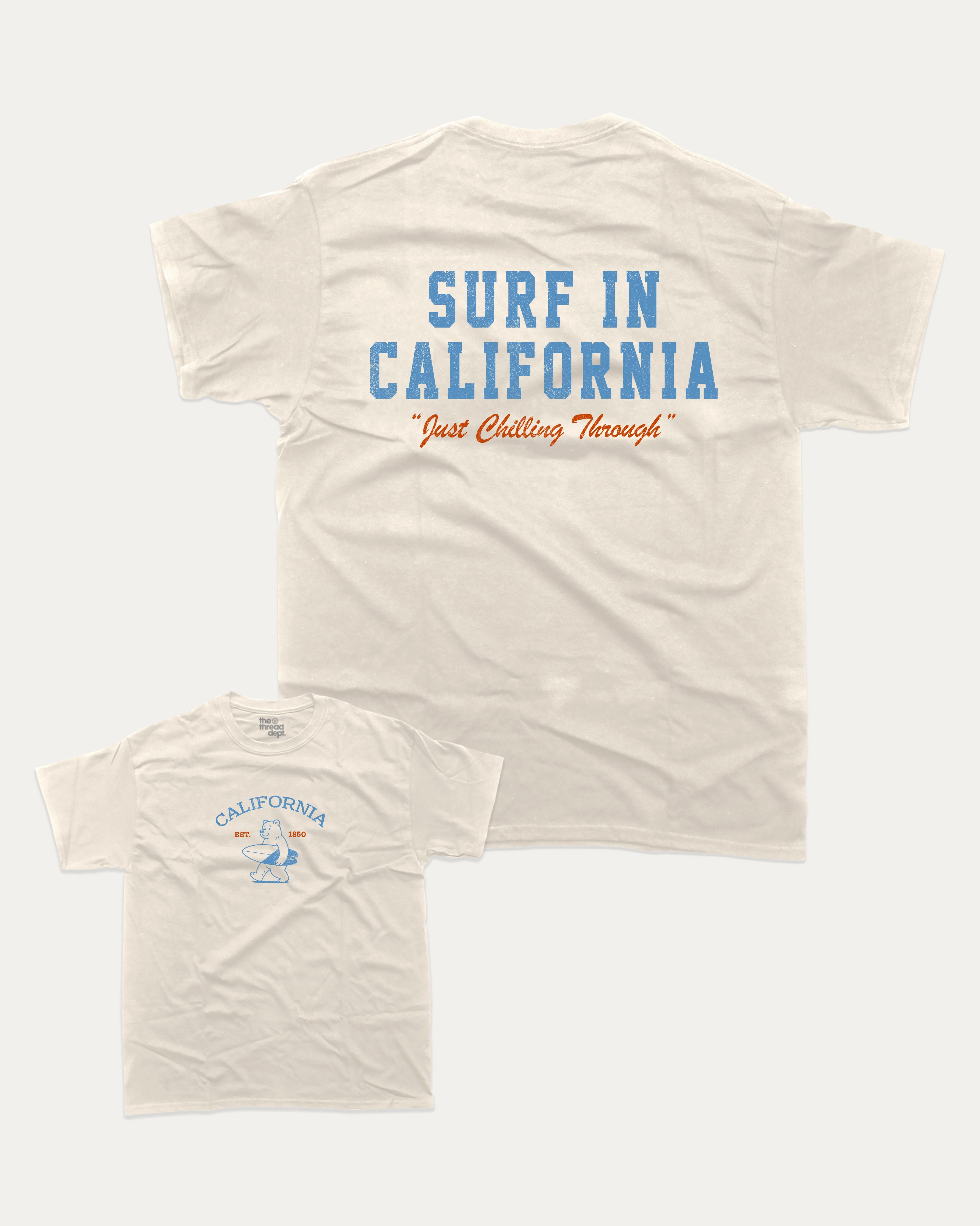 Surf in California graphic tee with bold and humorous print, Retro Inspired Graphic T shirt, Vintage Inspired Graphic T shirt, Perfect Gift for Surfers, State Graphic T shirt, California Graphic T shirt, funny and trendy graphic. Perfect for adults and gift-giving. Cream shirt.