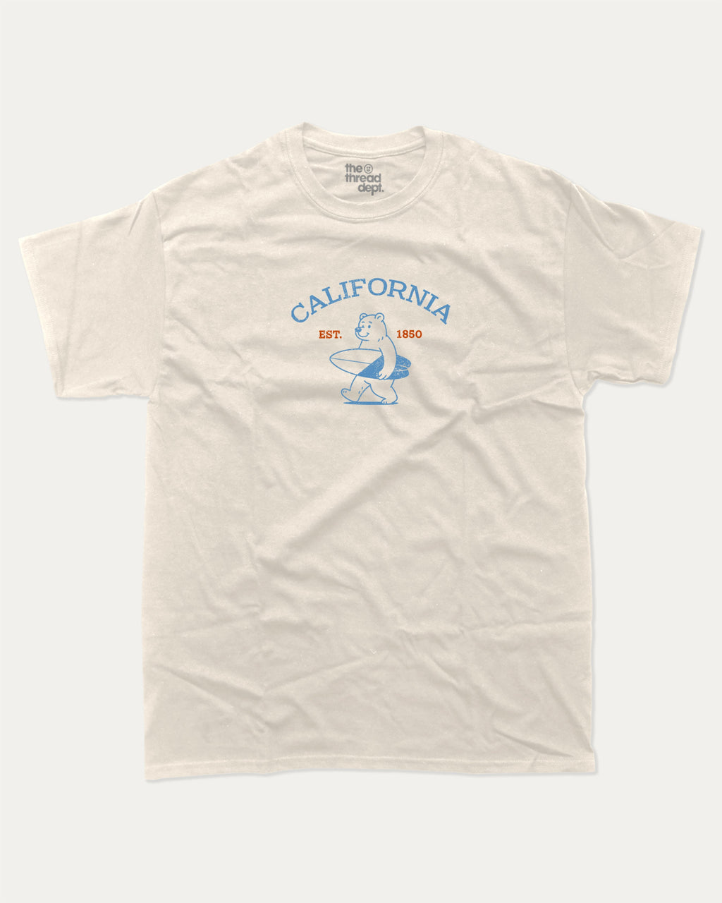 Surf in California graphic tee with bold and humorous print, Retro Inspired Graphic T shirt, Vintage Inspired Graphic T shirt, Perfect Gift for Surfers, State Graphic T shirt, California Graphic T shirt, funny and trendy graphic. Perfect for adults and gift-giving. Cream shirt.