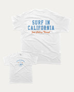 Surf in California graphic tee with bold and humorous print, Retro Inspired Graphic T shirt, Vintage Inspired Graphic T shirt, Perfect Gift for Surfers, State Graphic T shirt, California Graphic T shirt, funny and trendy graphic. Perfect for adults and gift-giving. White shirt.