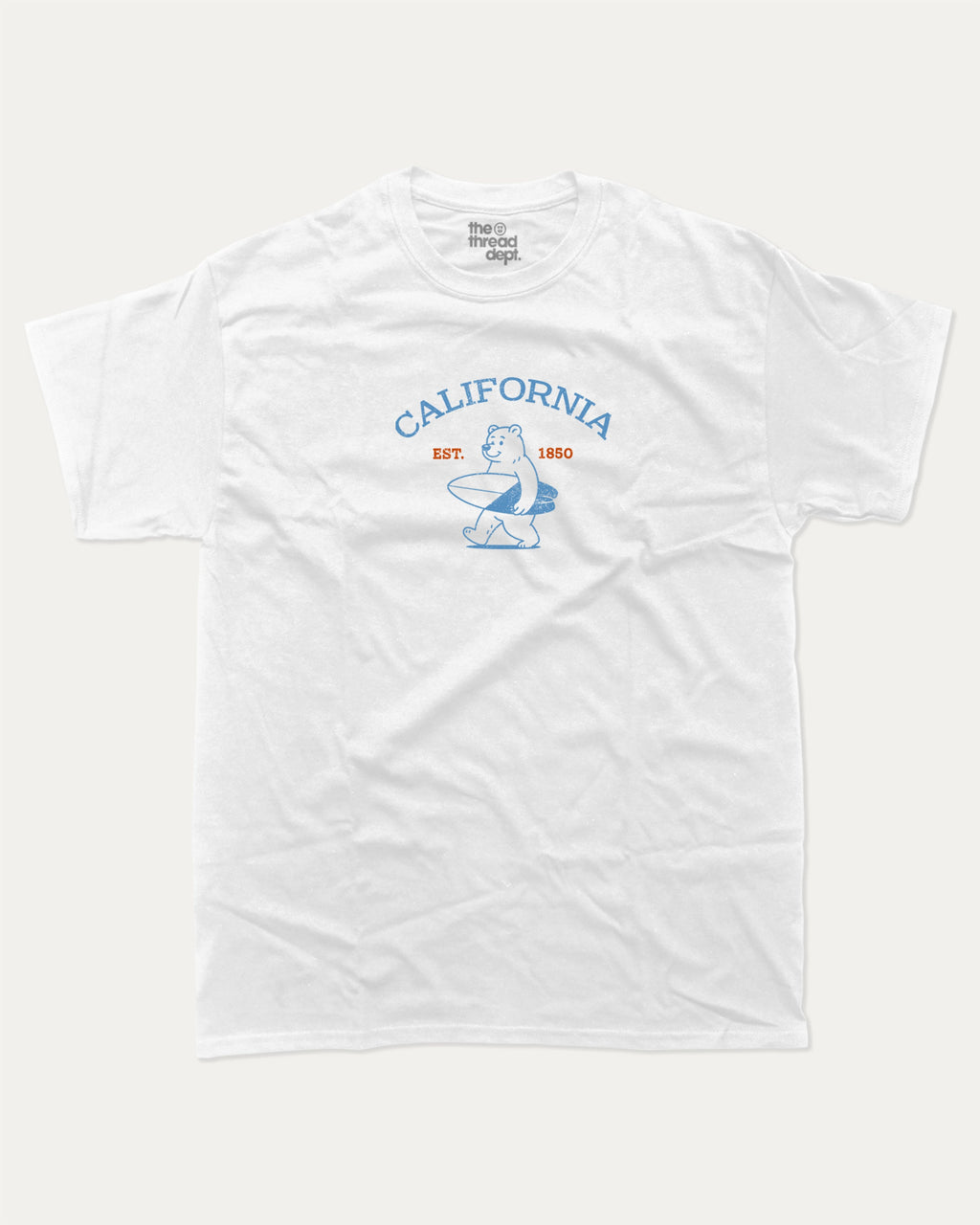 Surf in California graphic tee with bold and humorous print, Retro Inspired Graphic T shirt, Vintage Inspired Graphic T shirt, Perfect Gift for Surfers, State Graphic T shirt, California Graphic T shirt, funny and trendy graphic. Perfect for adults and gift-giving. White shirt.