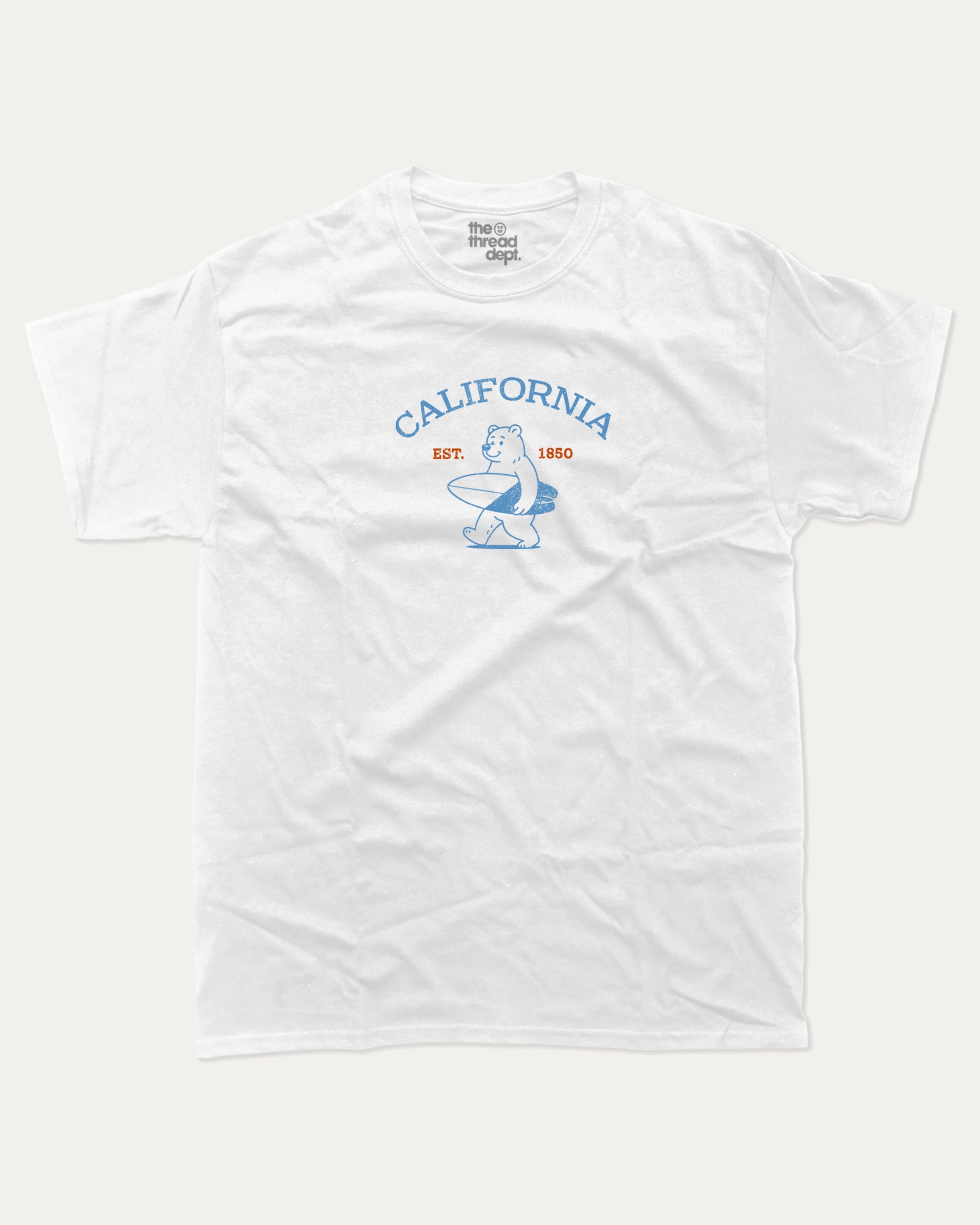 Surf in California graphic tee with bold and humorous print, Retro Inspired Graphic T shirt, Vintage Inspired Graphic T shirt, Perfect Gift for Surfers, State Graphic T shirt, California Graphic T shirt, funny and trendy graphic. Perfect for adults and gift-giving. White shirt.