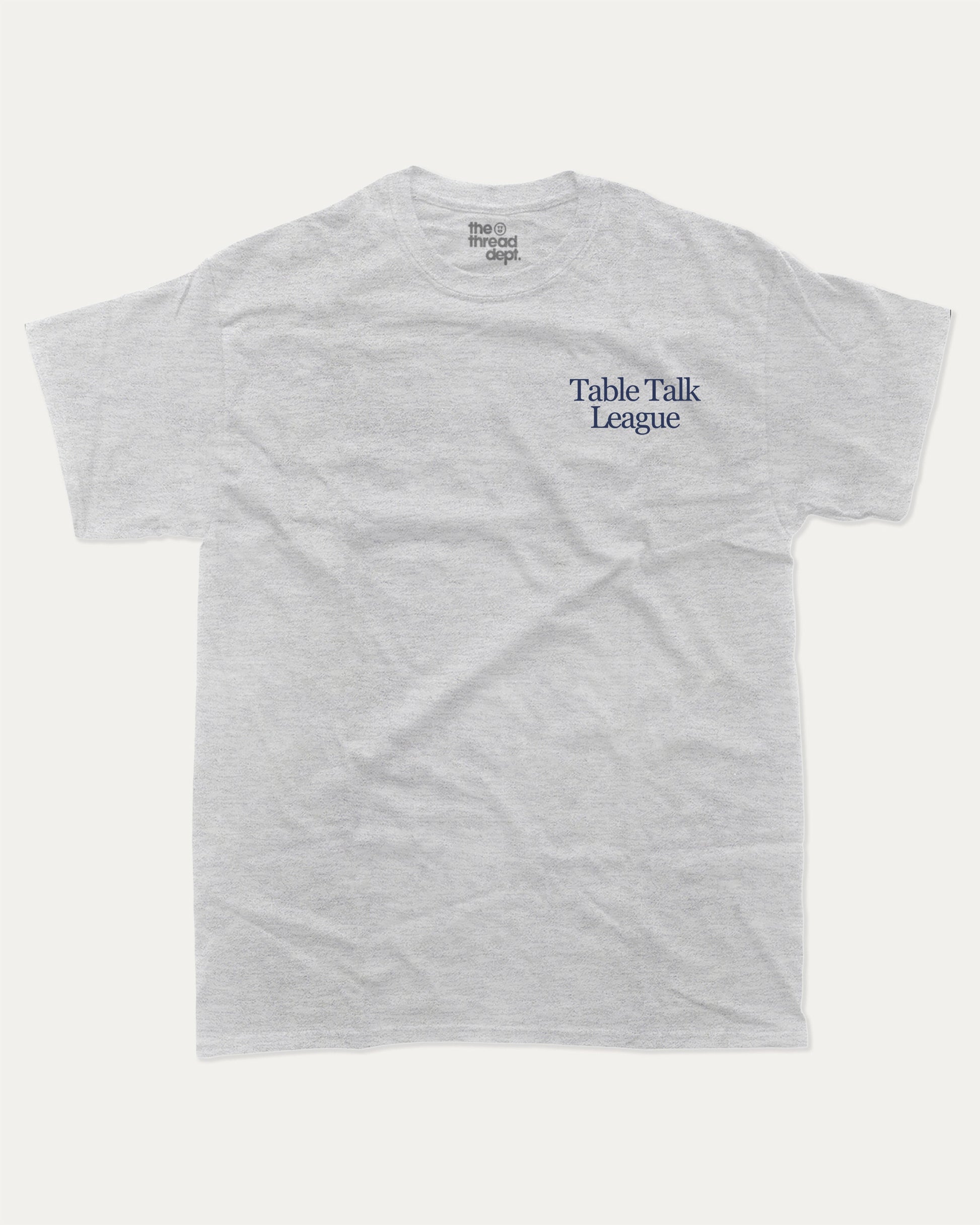 Table Talk League graphic t-shirt, perfect for adults. A must-have funny tee, trending meme shirt, unique gift idea. Ash Grey .