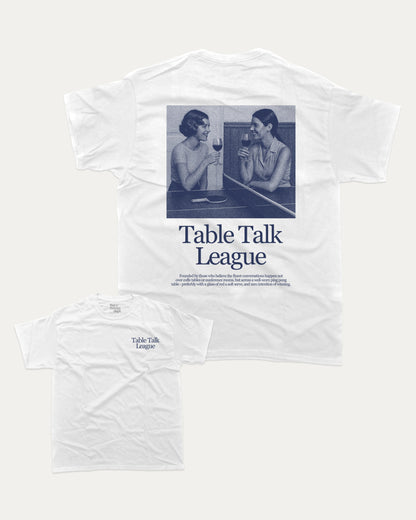 Table Talk League graphic t-shirt, perfect for adults. A must-have funny tee, trending meme shirt, unique gift idea. White.