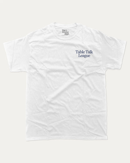 Table Talk League graphic t-shirt, perfect for adults. A must-have funny tee, trending meme shirt, unique gift idea. White.