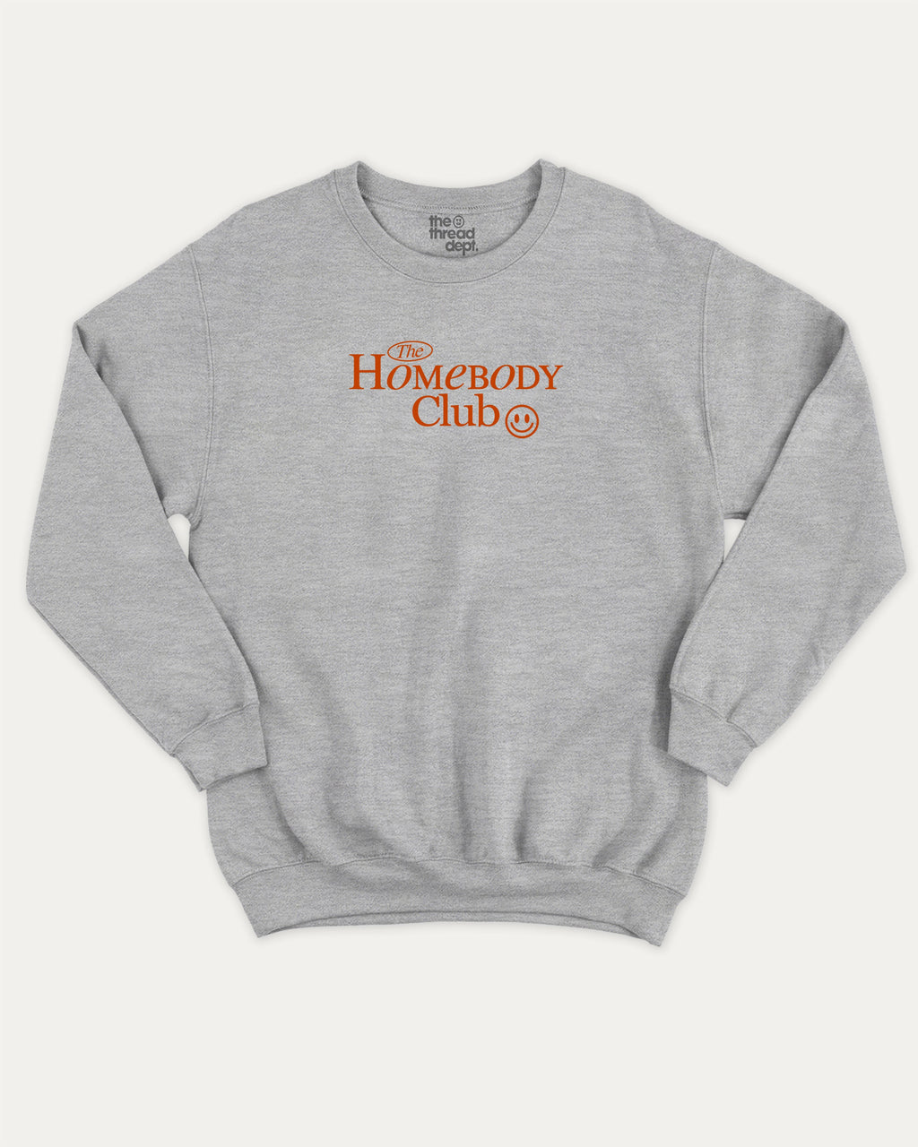 The Homebody Club graphic sweatshirt with bold and humorous print, warm and cozy graphic for everyday wear. Perfect for adults and gift-giving. Heather Grey pullover.